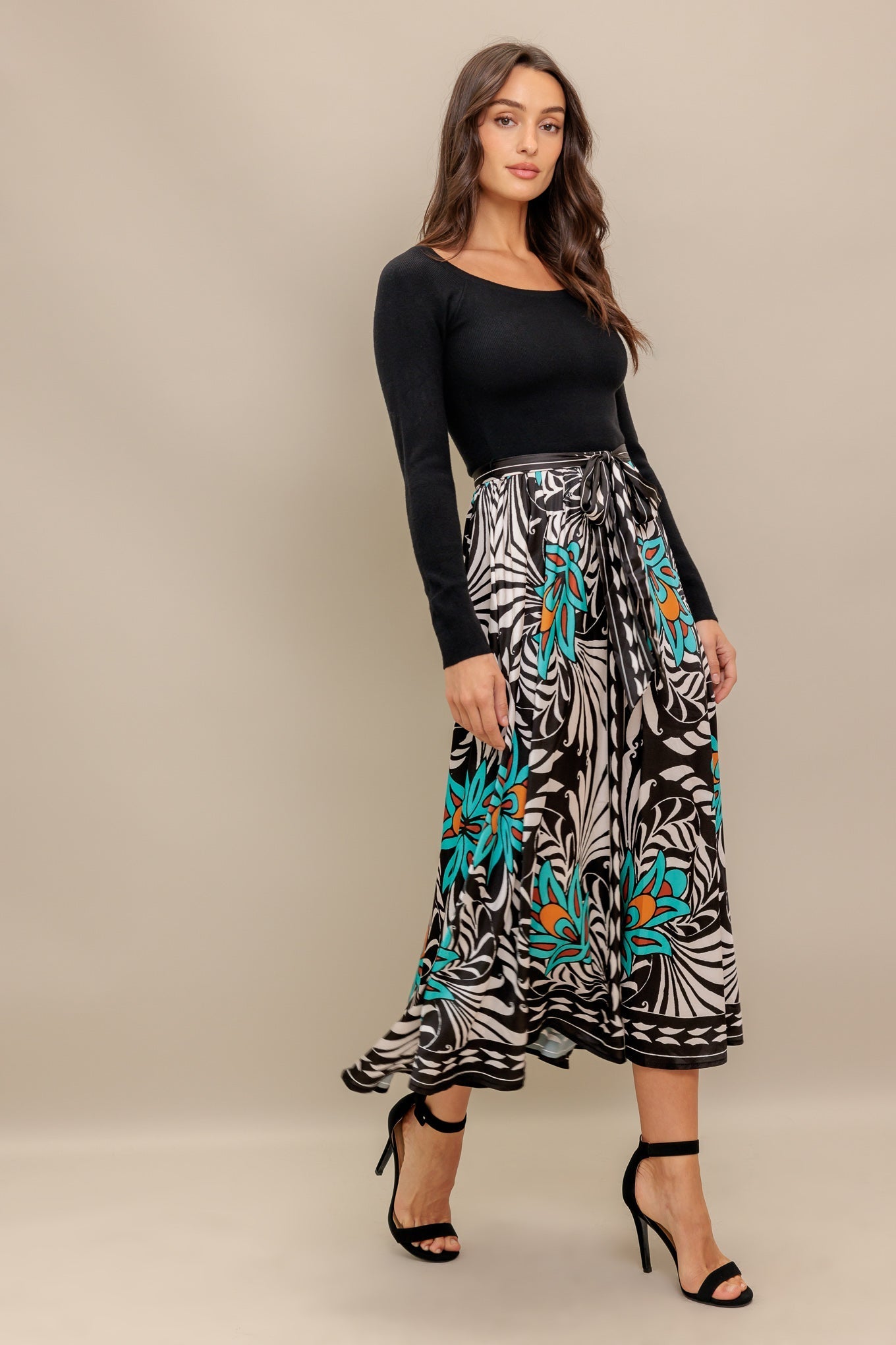 SUNBURST GARDEN BLACK MIDI DRESS Flying Tomato